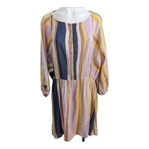 Apiece Apart Size 4 Mini Shift Dress Yellow Pink Black Striped Linen Silk Blend
